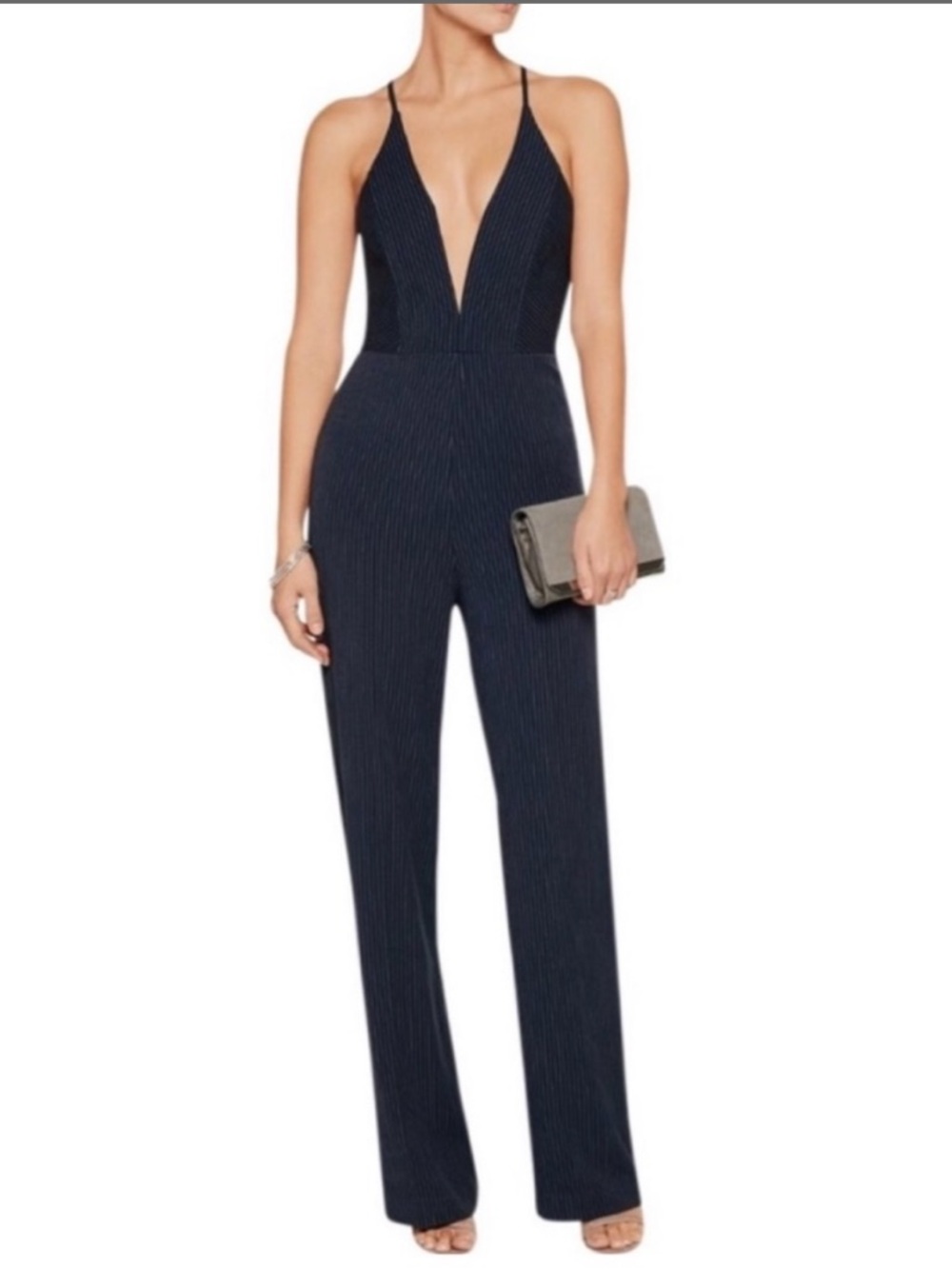 Mason Michelle Mason Deep V Plunge Neckline Pinstripe Wide Leg Jumpsuit Size 0